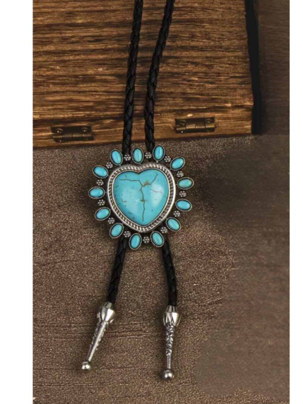 Antique Silver Heart Faux Turquoise Bolo Tie Southwestern Statement Black Rope - Picture 4 of 4